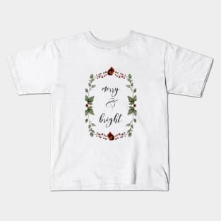 Holiday Wreath Red Squirrels and Red Berries- Merry and Bright- Happy Quote Kids T-Shirt